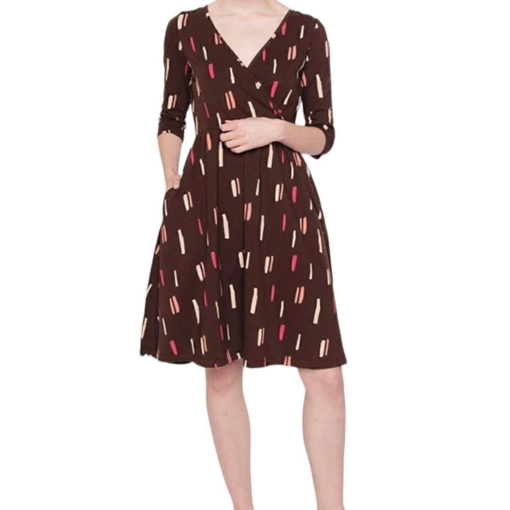 EC MATA TRADERS "CALLIE BERRY DASHES" ORGANIC JERSEY COTTON FAUX WRAP DRESS SZ.S